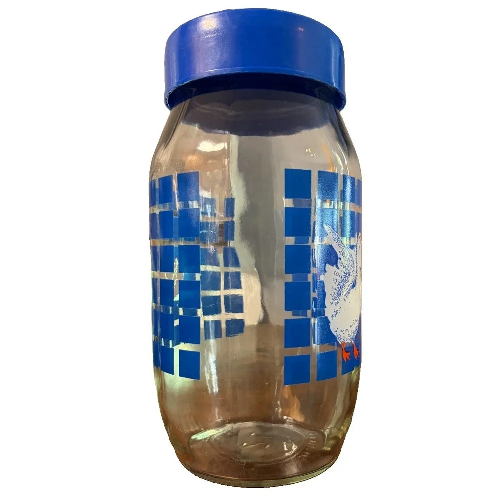 Vintage 1982 Carlton Glass 1.5L Geese Canister Blue Checkered Jar w Lid USA